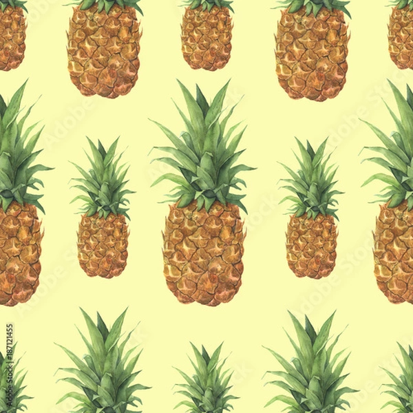 Fototapeta Watercolor pineapple tropical pattern. Hand painted tropical fruit with leaves isolated on yellow background. Food botanical illustration for design or print.