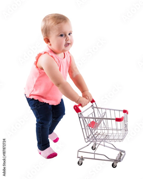 Fototapeta Baby Girl Holding Small Shopping Cart