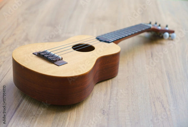 Fototapeta close up brown ukulele on the wooden background