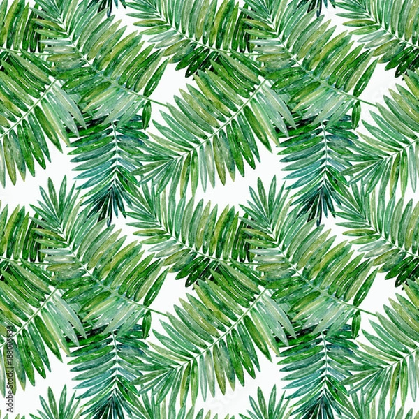 Fototapeta Seamless tropical pattern. Bright green palm leaves on white background. 