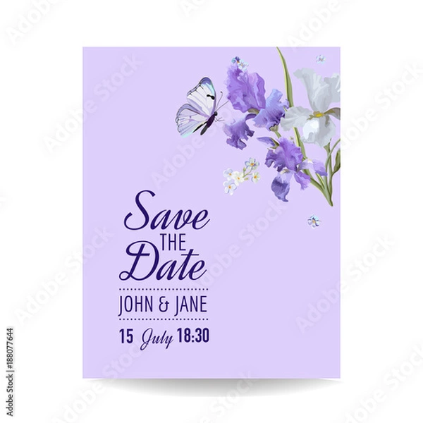 Fototapeta Save the Date Card with Flowers and Butterflies. Floral Wedding Invitation Template. Botanical Design for Greeting Cards. Vector illustration