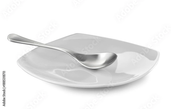 Fototapeta spoon with square plate close-up isolated on  white background
