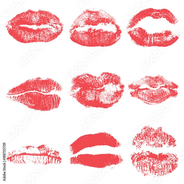 Fototapeta Female kiss shape lips illustration set. Woman sexy mouth stain isolated on white background. Handmade facial expression and red lipstick. Vector.