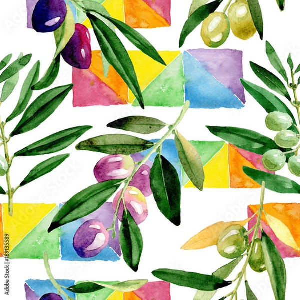 Fototapeta Olive tree pattern in a watercolor style. Full name of the plant: Branches of an olive tree. Aquarelle olive tree for background, texture, wrapper pattern, frame or border.