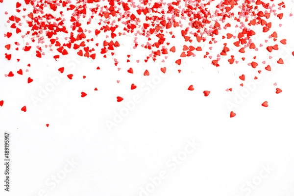 Fototapeta Valentine's Day background. Flat lay, top view of red, pink and white hearts. Blog header or hero. Love concept.