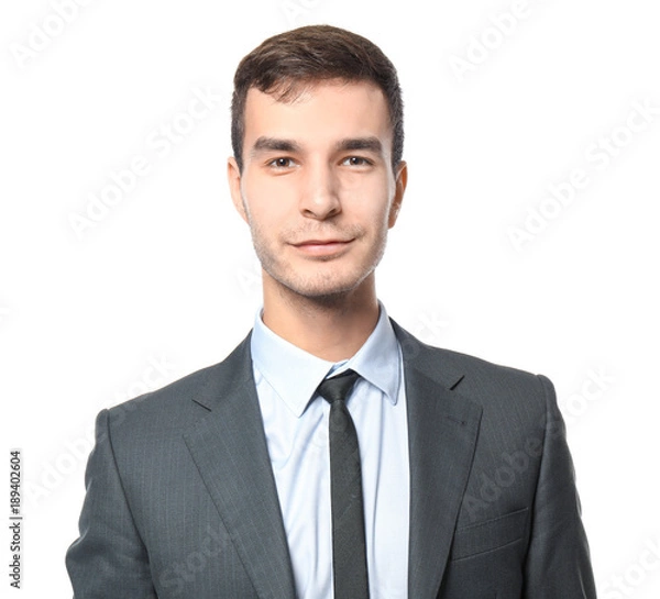 Fototapeta Handsome car salesman on white background