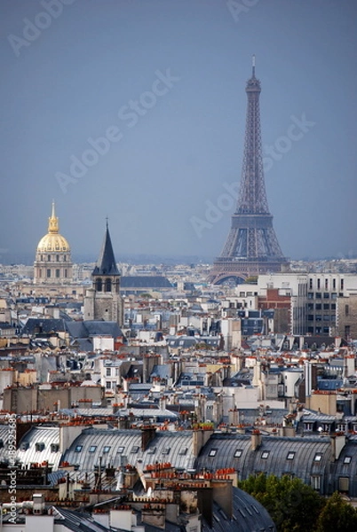 Fototapeta The Paris skyline showing the Eiffel Tower, Napoleons Tomb and various rooftops