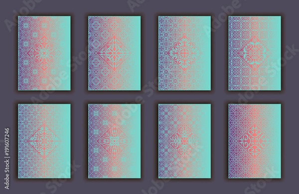 Obraz Card set with mosaic lace decorative elements background. Asian Indian oriental ornate banners.