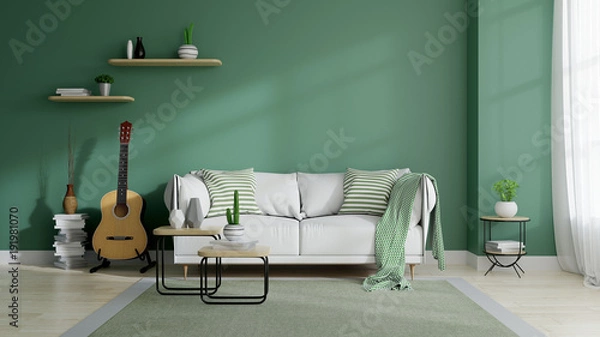 Fototapeta Nowoczesne i minimalistyczne wnętrze salonu z połowy wieku, projekt koncepcji przestrzeni ekologicznej, biała sofa i zielona roślina na zielonej ścianie i drewnianej podłodze, renderowanie 3d