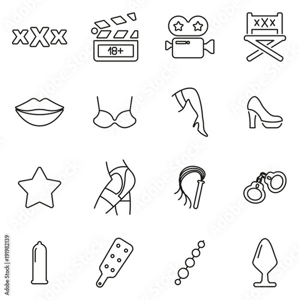 Fototapeta Adult Movie Set or Adult Movie Industry Icons Thin Line Vector Illustration Set