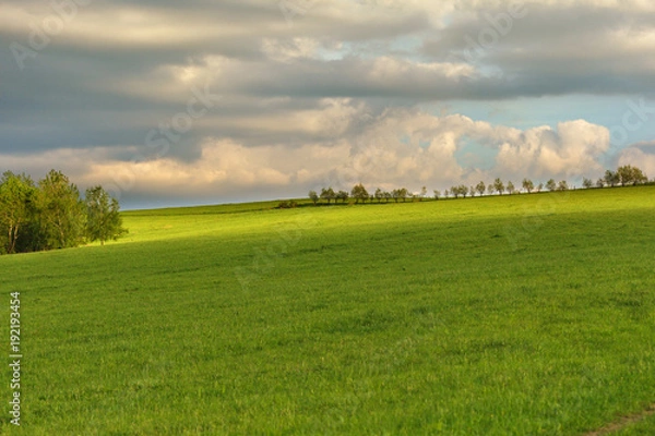 Fototapeta Blue cloudy sky over green hills and country road