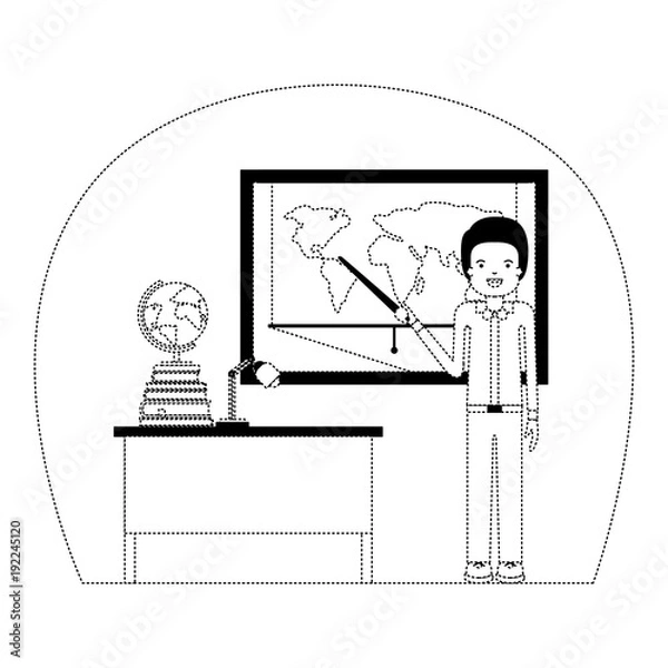 Fototapeta male teacher in geography class with pile books vector illustration design