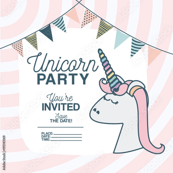 Fototapeta unicorn party invitation card with floral decoration and garlands vector illustration design