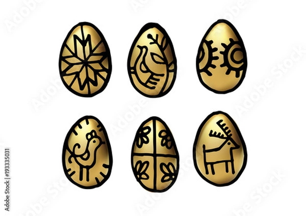 Fototapeta Golen Easter Egg set. Vector isolated handwritten illustration. Graphic black brush lines. Hand drawn painting. Holiday collection