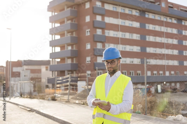 Fototapeta Architect or Engineer man using tablet on the construction site. Job concept. Wearing protective clothes