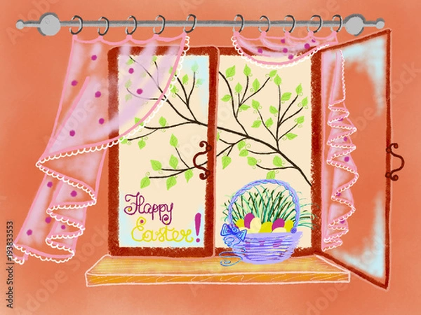 Obraz Colorful hand drawn bright kitchen window with colorful egg basket, curtains and phrase Happy Easter on orange background, illustration for Easter painted by pastel, paper pencil chalk, high quality