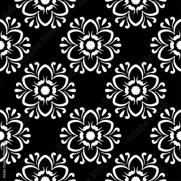 Fototapeta White floral design on black background. Seamless pattern