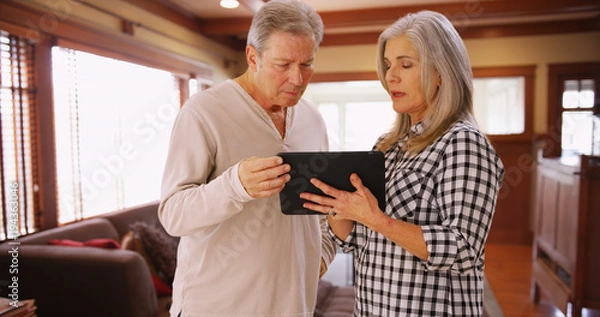 Fototapeta Charming mature couple looking at tablet computer