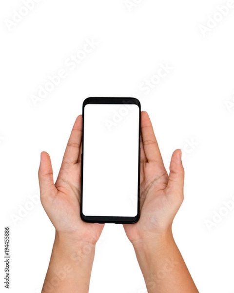 Fototapeta Hands holding cell phone on white screen and isolated background