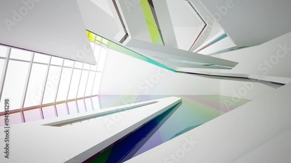 Fototapeta Abstract white and colored gradient glasses interior multilevel public space with window. 3D illustration and rendering.