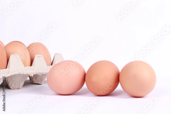 Fototapeta Chicken eggs in containers isolated on white background