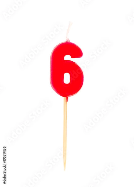 Fototapeta Candle in the form of six figures (numbers, dates) for cake isolated on white background. The concept of celebrating a birthday, anniversary, important date, holiday, table setting, cake decoration