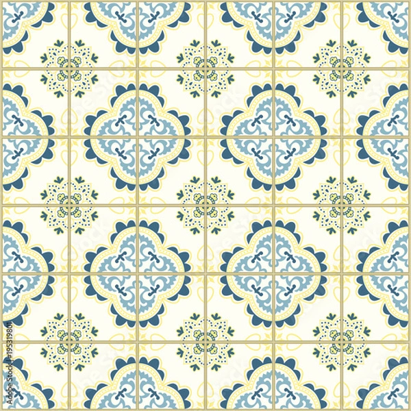 Fototapeta Seamless pattern with portuguese tiles. Vector illustration of Azulejo on white background. Mediterranean style. Blue and yellow design.