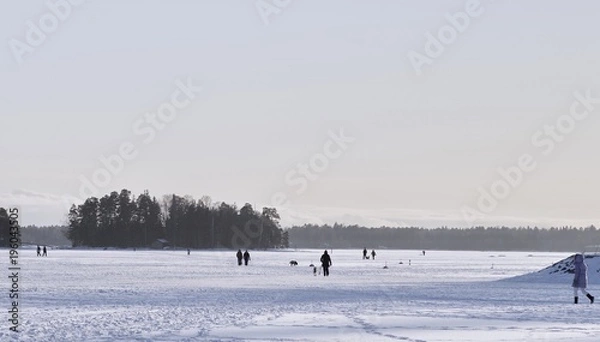 Fototapeta People walking on the frozen sea, Espoo, Finland