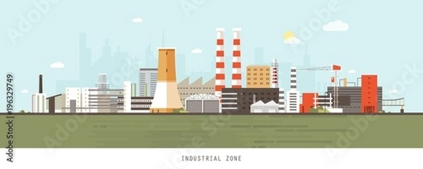 Fototapeta Industrial site or zone with factories, manufacturing plants, power stations, warehouses, cooling towers against city buildings on background. Flat cartoon colorful vector illustration for banner.