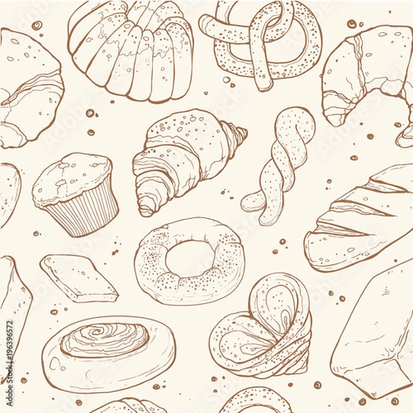 Fototapeta Hand drawn bread seamless pattern. Bakery sketch style vector background.