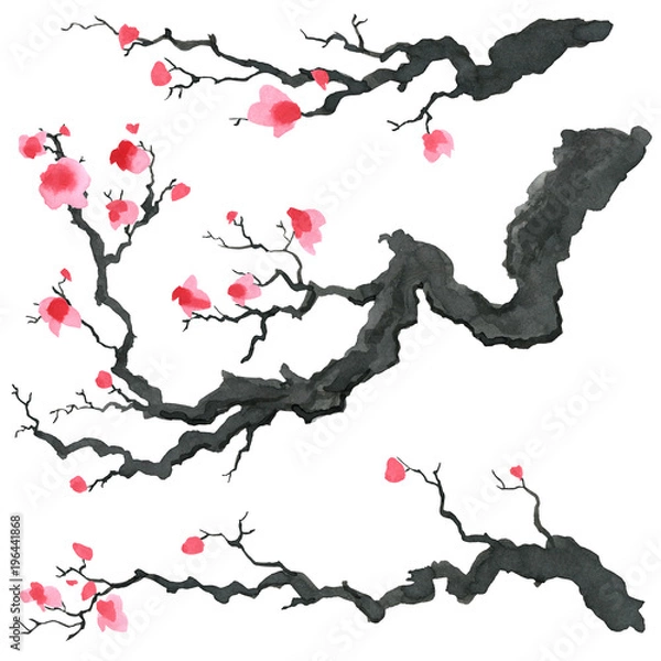 Fototapeta Sakura tree in Japanese painting style. Traditional Beautiful watercolor hand drawn illustration