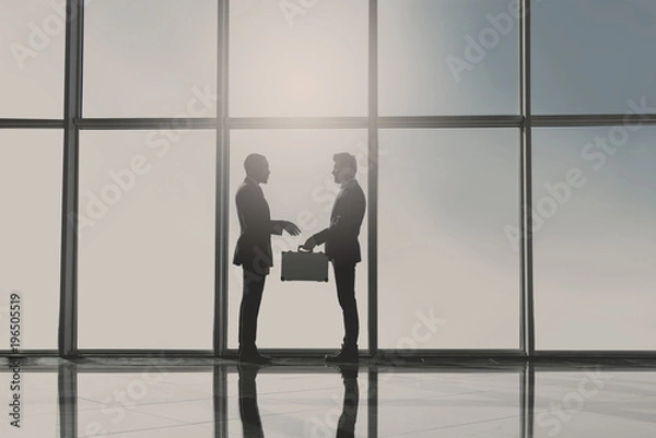 Fototapeta Silhouette view of two young businessmen are standing with suitcase in modern office with panoramic windows