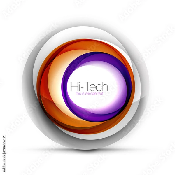 Fototapeta Digital techno sphere web banner, button or icon with text. Glossy swirl color abstract circle design, hi-tech futuristic symbol with color rings and grey metallic element