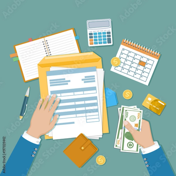 Fototapeta Tax payment concept. State Government taxation, calculation of tax return. Unfilled blank tax form, envelope, calendar, calculator.  Human hands with money, credit card, wallet. Vector Top view
