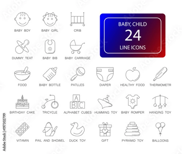 Fototapeta Line icons set. Baby pack. Vector illustration	