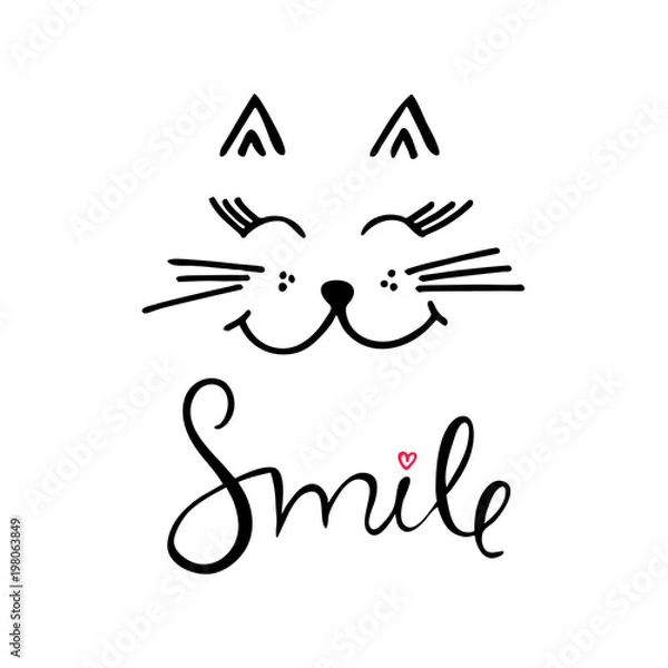 Fototapeta Hand drawn vector illustration with cute cat and word smile. 