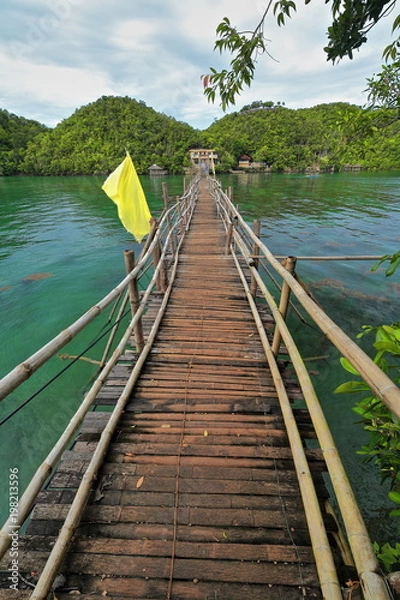 Fototapeta Bamboo and wooden planks footbridge with flags-Latasan island. Sipalay-Philippines. 0359