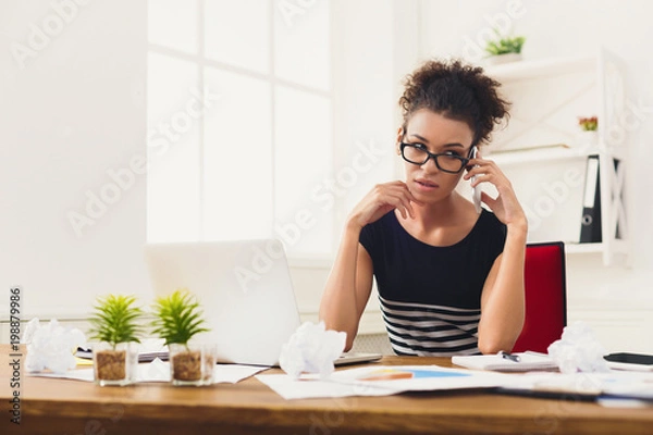 Fototapeta Business talk, serious woman consulting by phone