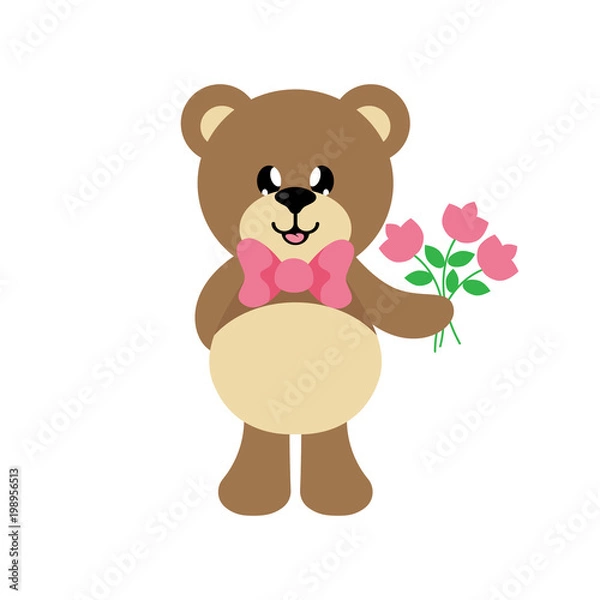 Fototapeta cartoon bear with tie and flowers