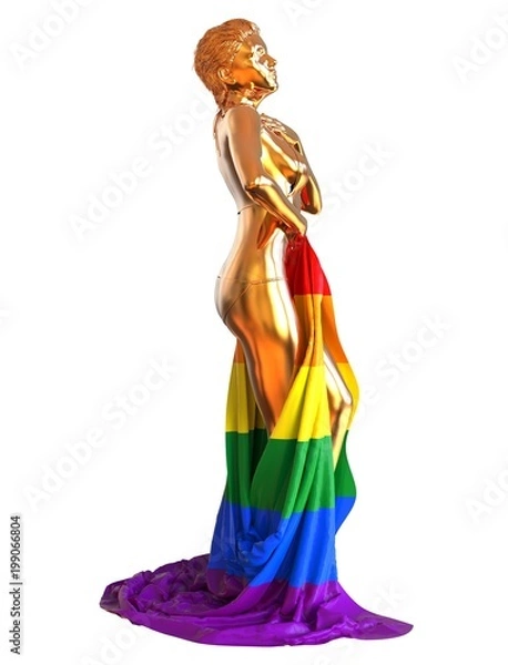 Fototapeta Golden sculpture with LGBT flag 3d illustration isolated on white