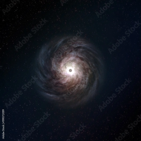 Fototapeta A top down bird's eye view of a rotating spiral galaxy in deep space with a black hole in the center. 