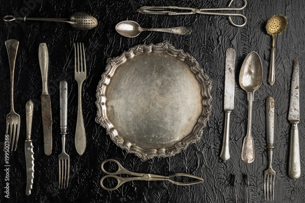 Fototapeta Vintage kitchen utensils on a background, fork, kifes, spoons