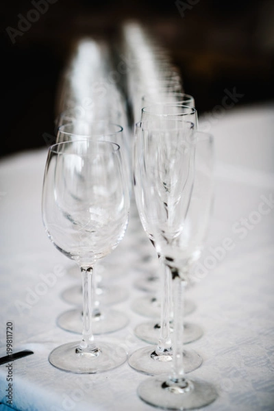 Fototapeta Empty glass for wine and champagne stand on white table. Close up. Empty glasses for elite drinks stand in two rows.