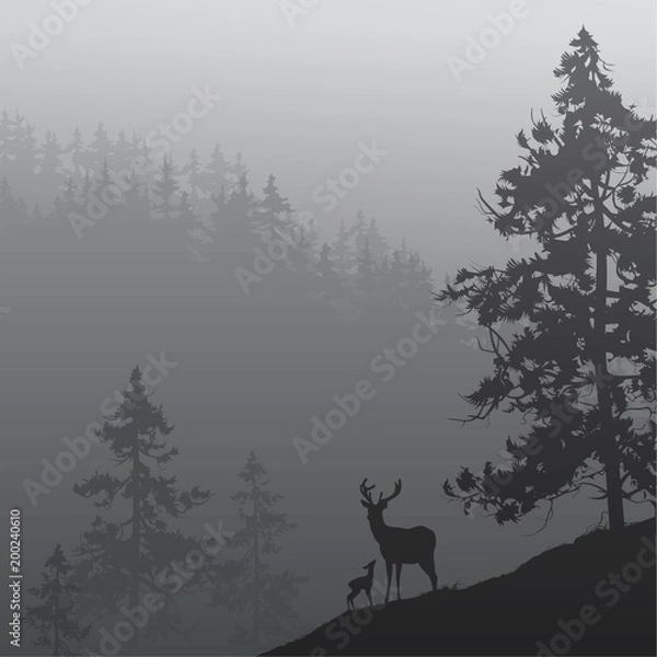 Fototapeta vector illustration with natural background. Deer in the mountains covered with forests.