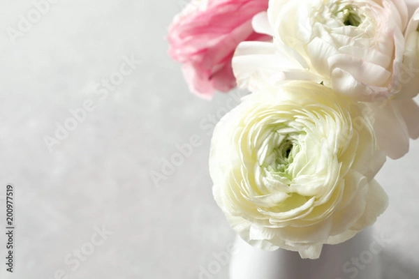 Fototapeta Beautiful ranunculus flowers on light background, closeup