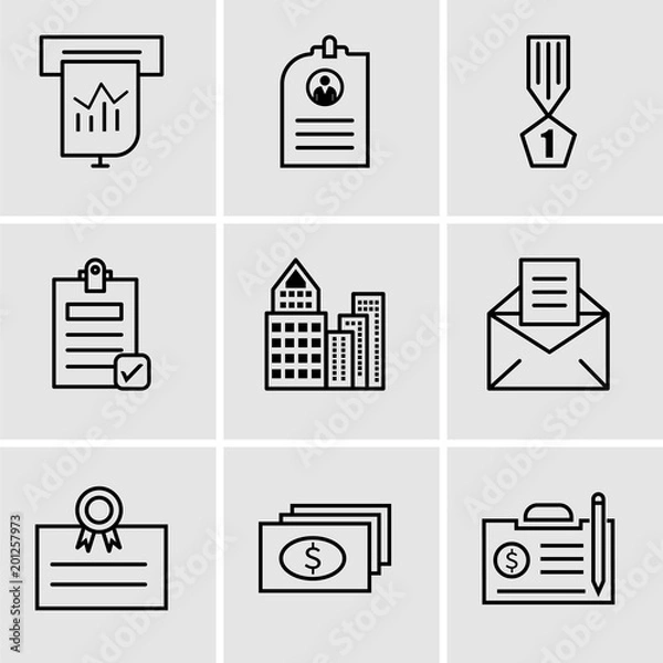 Fototapeta Set Of 9 simple editable icons such as contract, dollar, postcard, email, building, Check document, winner, CV, Presentation