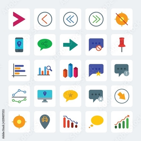 Fototapeta Modern Simple Set of location, arrows, charts, chat and messenger Vector flat Icons. .Contains such Icons as  talk,  bar, graph,  design, map and more on gray background. Fully Editable. Pixel Perfect