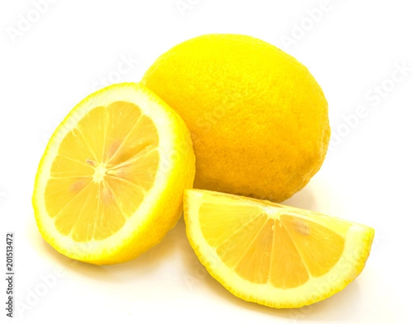 Fototapeta fresh organic heap of cut yellow lemon isolated on white background, slices, the taste is sour and sweet , from the garden, cooking, good health, can make smoothie in summer with front view