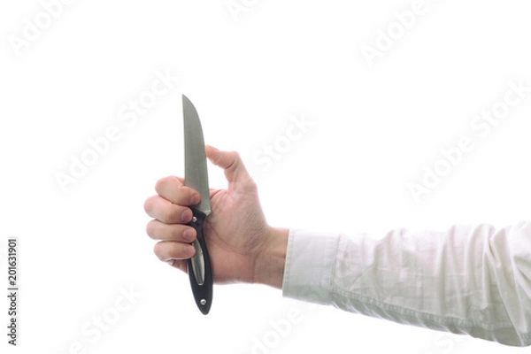 Fototapeta Kitchen knife in hand, on white background