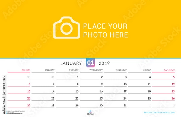 Fototapeta Wall calendar for January 2019. Vector design print template with place for photo. Week starts on Sunday. Landscape orientation